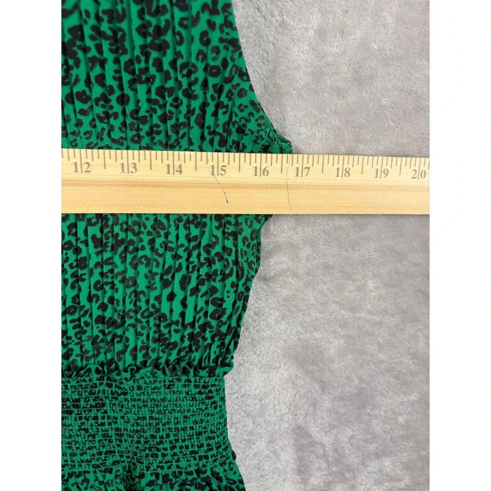 Nanette Lepore Green Leopard Print Pleated Mock Neck Smocked Midi Dress Size 12 - Picture 4 of 14